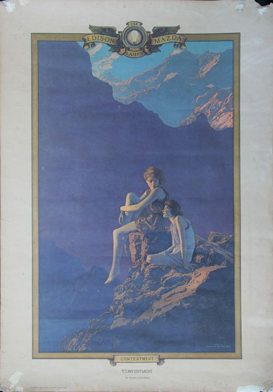 Maxfield Parrish (1870-1966): Edison Mazda Lamp Poster - Vintage, Orig. 1927, Lithograph, 35" x 24", Signed in Plate, Framed. Portal Publishers, Sausalito, CA.