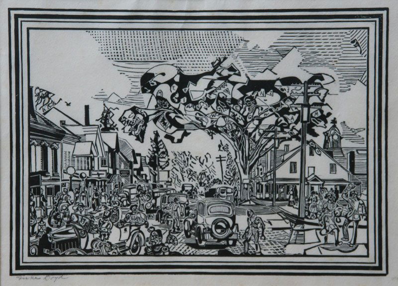 Fiske Boyd (1895-1975): Street Life, Summer (Provincetown?), c. 1925, Woodcut, 8.5" x 12.5", Framed.