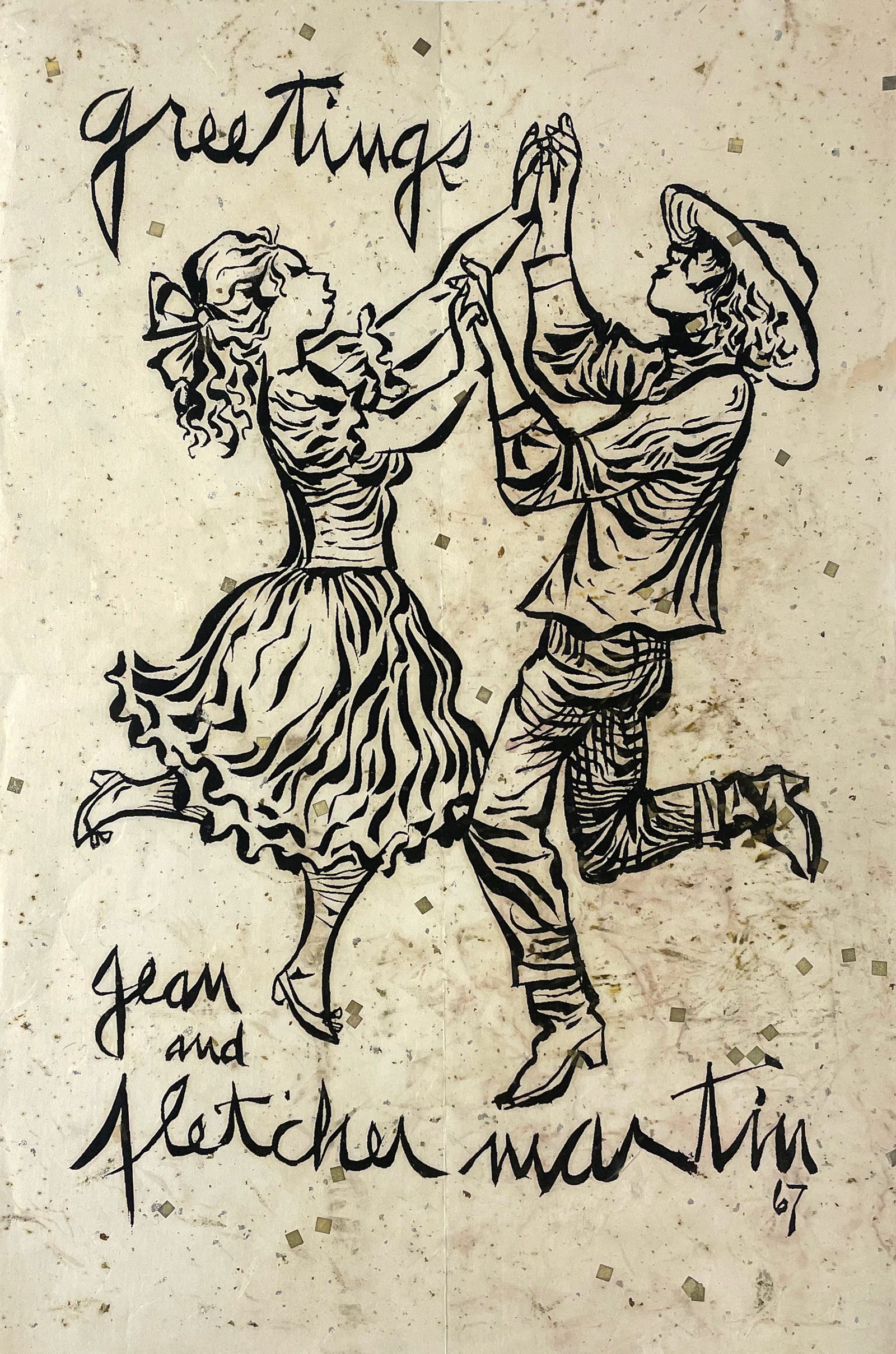 Fletcher Martin (American, 1904 - 1979): "Greetings"; 1967; Linocut; 18.25" x 12.25"; Signed Lower Center (in block); Unframed.