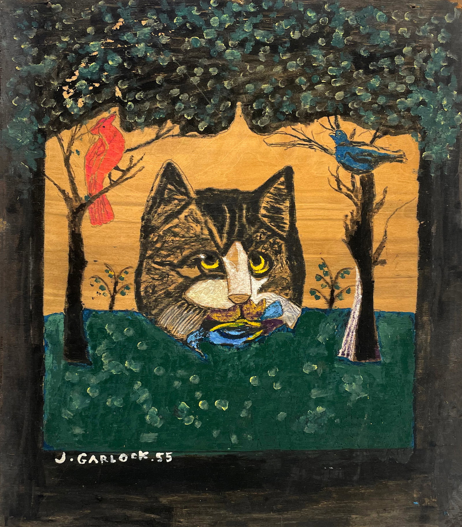 Joseph Garlock (American, 1884 - 1980): "Cat with Birds"; 1955; Paint on Wood Board; 16" x 14"; Signed Lower Left; Unframed.