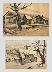 Louis Wolchonok (American, 1898 - 1973): LOT OF TWO: A. "Single Bare Tree and Houses"; c. 1940; Ink on Paper; 7.75" x 10.75"; Signed Lower Right; Unframed / B. "Barn in Snow"; 1940; Graphite on Paper; 5" x 7"; Signed Lower Right; Unframed.