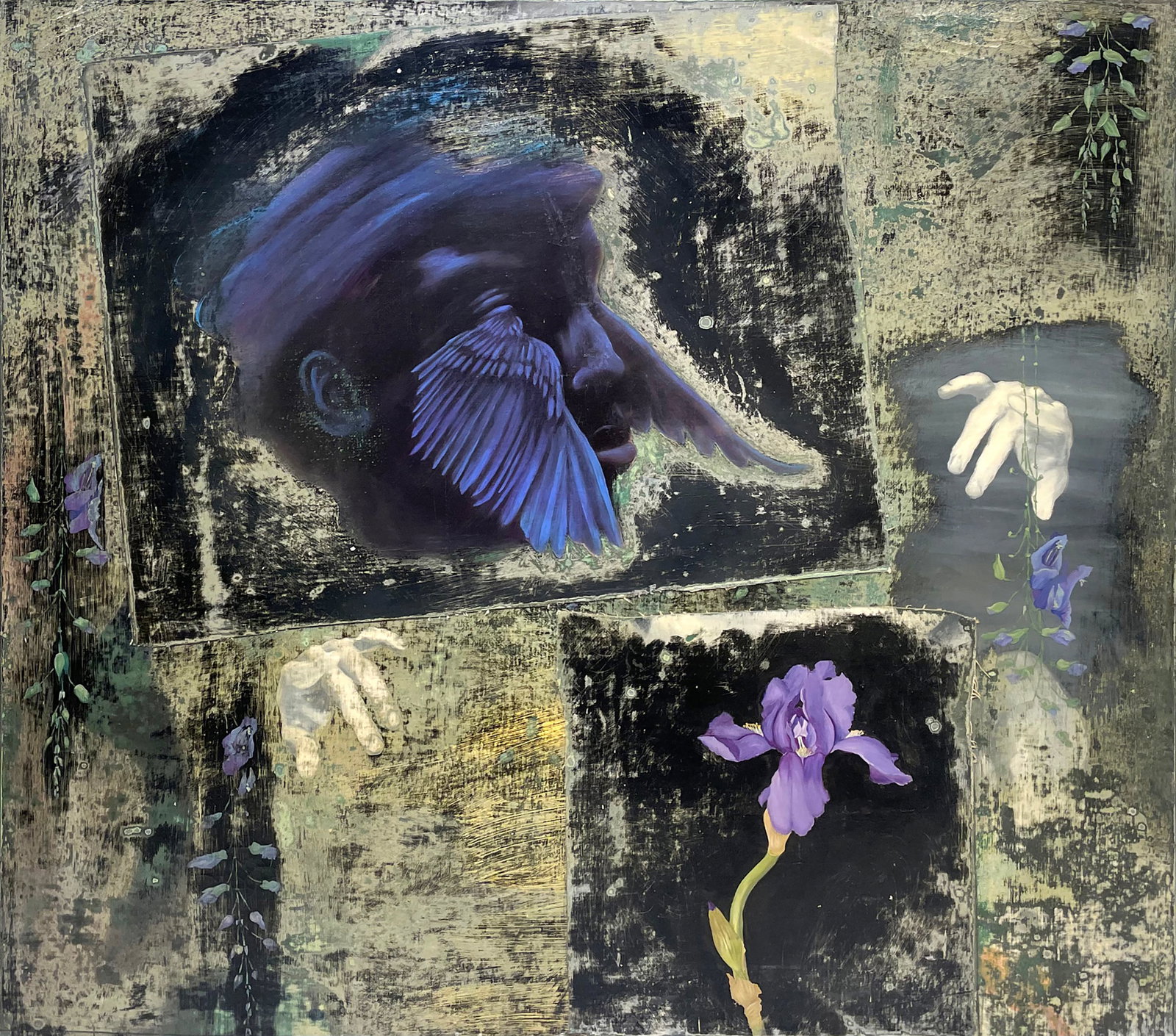 Pavlos Samios (Greek, 1948 - 2021): "Hypnos, God of Dreams"; 1990 - 1991; Oil on Canvas Collage; 37" x 42"; Signed on Verso; Unframed.