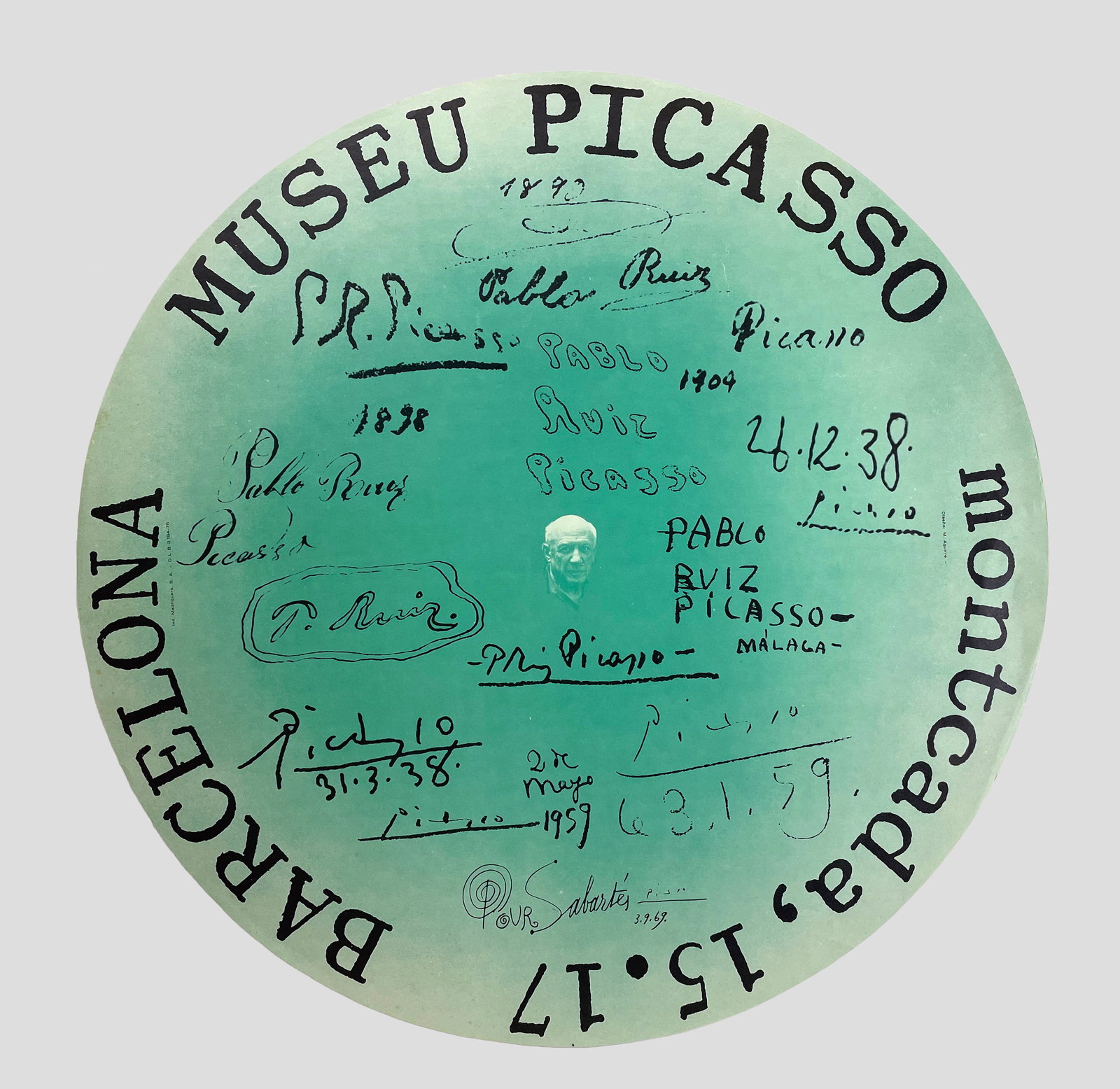 After Pablo Picasso (Spanish, 1885 - 1973): "Pablo Picasso - Museu Barcelona" Poster; 1969; Lithograph; 24" diameter; Signed in Plate; Unframed; Note: designed by M. Aguirre.