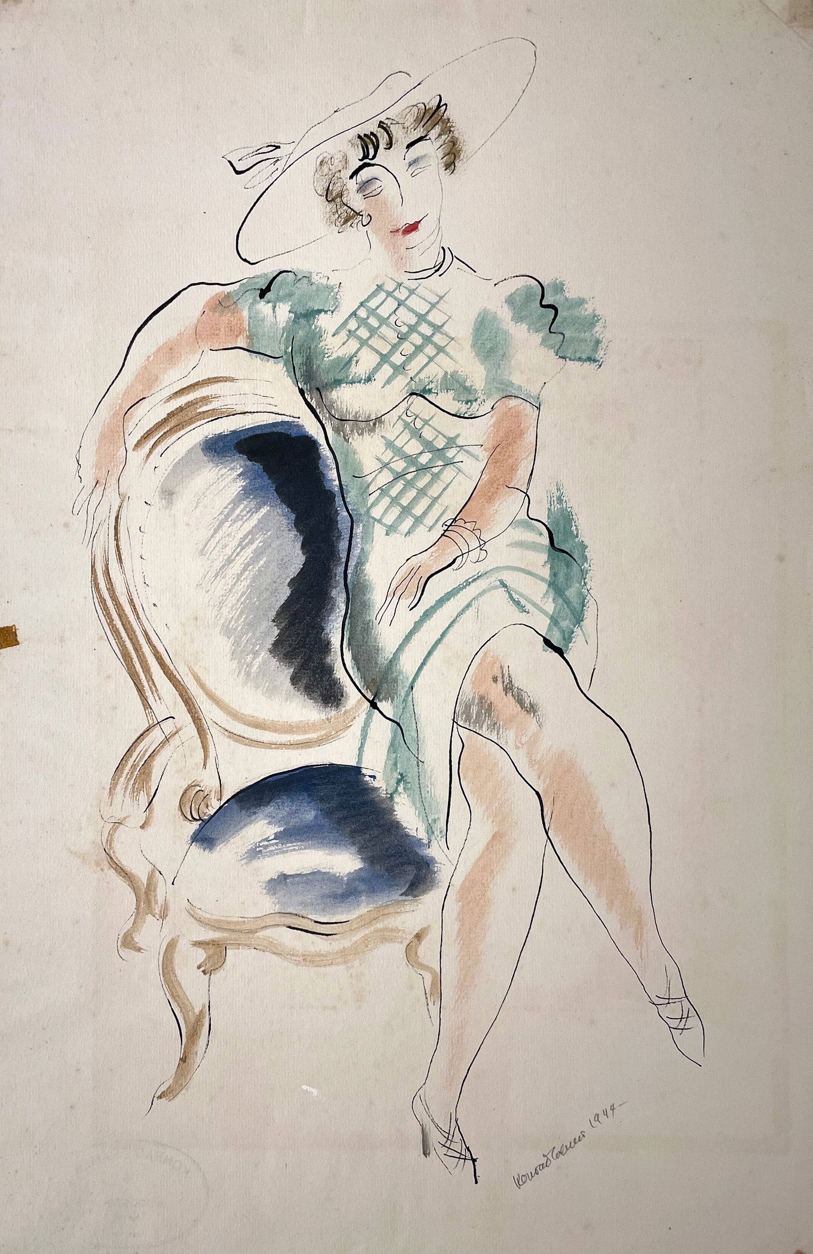 Konrad Cramer (American, 1888 - 1963): "Salon"; 1944; Watercolor and Ink on Paper; 18.25" x 12" (sheet); Signed Lower Right; Unframed.