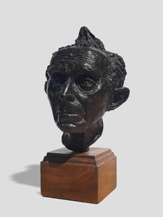 Rhoda Sherbell (American, b. 1931): "Portrait of Moses Soyer"; 1970; Bronze on Wooden Base; 11" x 5.5" x 5.75"; Signed Lower Left; Weight: 15 lbs.