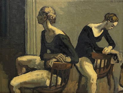 Moses Soyer (American, 1899 - 1974): "Two Dancers Resting"; c. 1970; Oil on Canvas; 12" x 16"; Signed Upper Right; Framed.