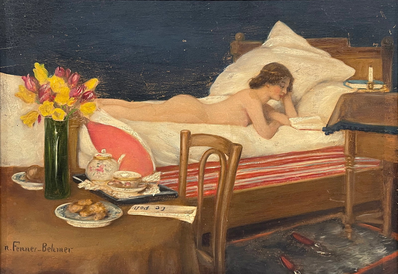 Hermann Fenner-Behmer (German, 1866 - 1913): "Nude Reading"; n.d.; Oil on Board; 7.25" x 10.5"; Signed Lower Left; Framed.