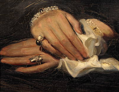 School of John Singer Sargent: "Untitled - Hands"; n.d.; Oil on Board; 7.25" x 9"; Unsigned; Framed; Note: "Royal Academy London - School of John Singer Sargent" on label on verso.