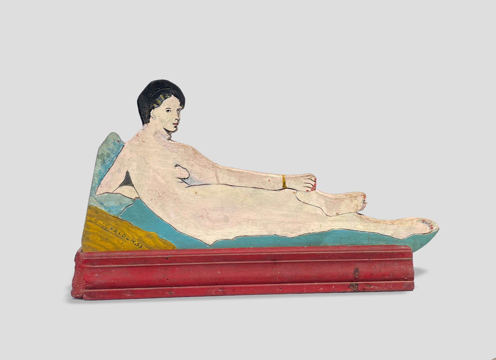 Joseph Garlock (American, 1884 - 1980): "Grande Odalisque"; 1953; Carved Polychrome Wood; 12.25" x 20.5" x 2.5"; Signed Lower Left.