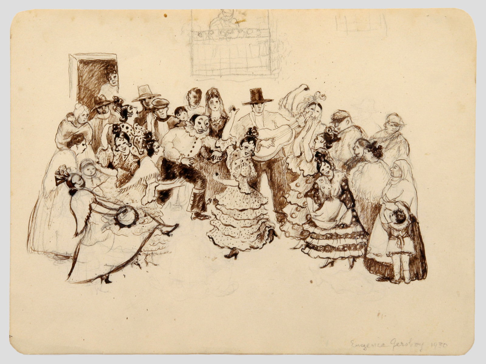 Eugenie Gershoy (American, 1901 - 1986): "Dancers"; 1930; Graphite and Ink on Paper; 8" x 10.5"; Signed Lower Right; Framed (under glass).