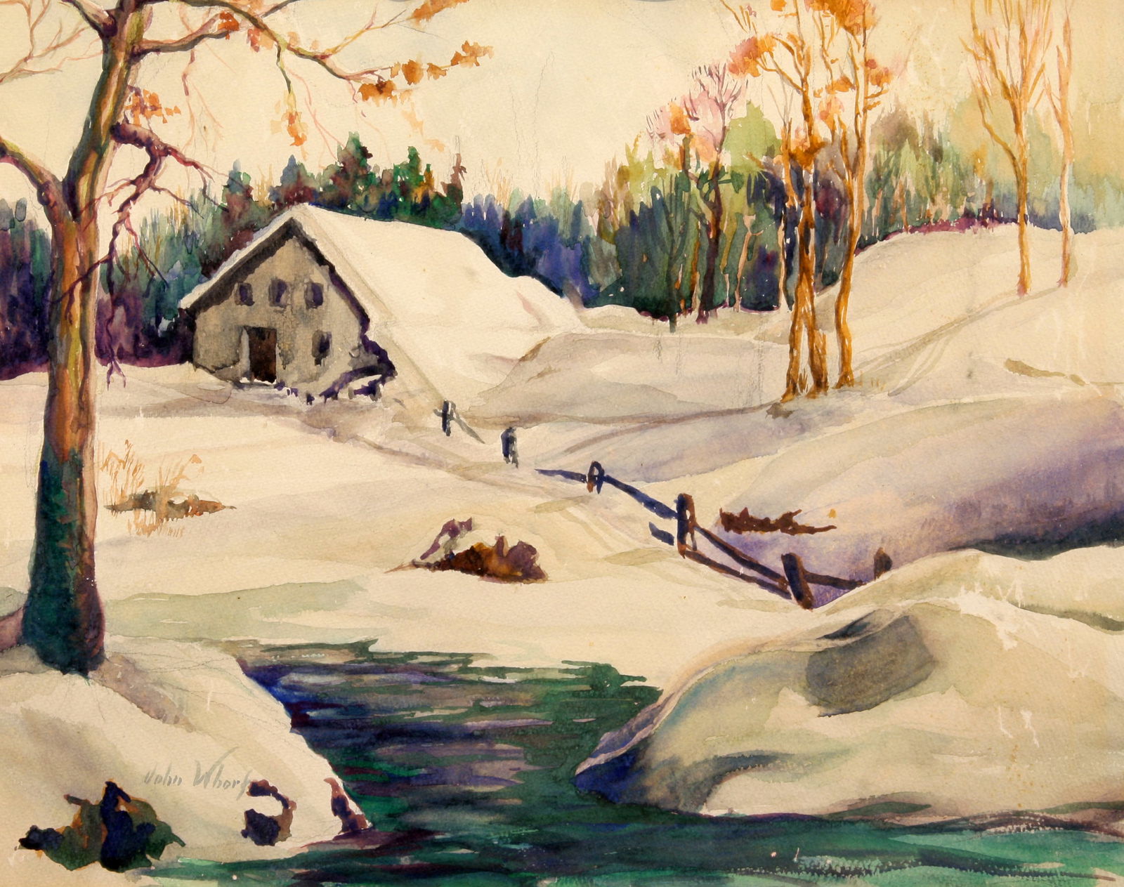 John Whorf (American, 1903 - 1959): "Winter Landscape"; c. 1950; Watercolor on Paper; 13" x 16.5"; Signed Lower Left; Framed (under glass).
