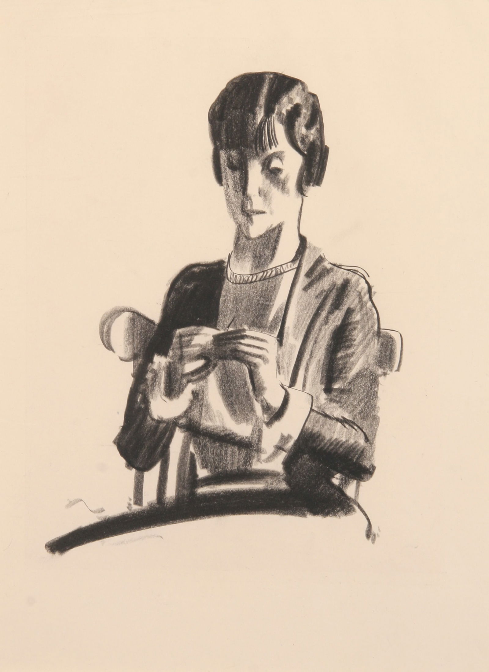 George Bellows (American, 1882 - 1925): "Woman Knitting - Sketch of Ethel Clark"; c. 1920; Conte Crayon on Paper; 11.5" x 8.5"; Unsigned; Framed (under glass); Note: "H.V. Allison & Co. - New York, NY" label on verso.