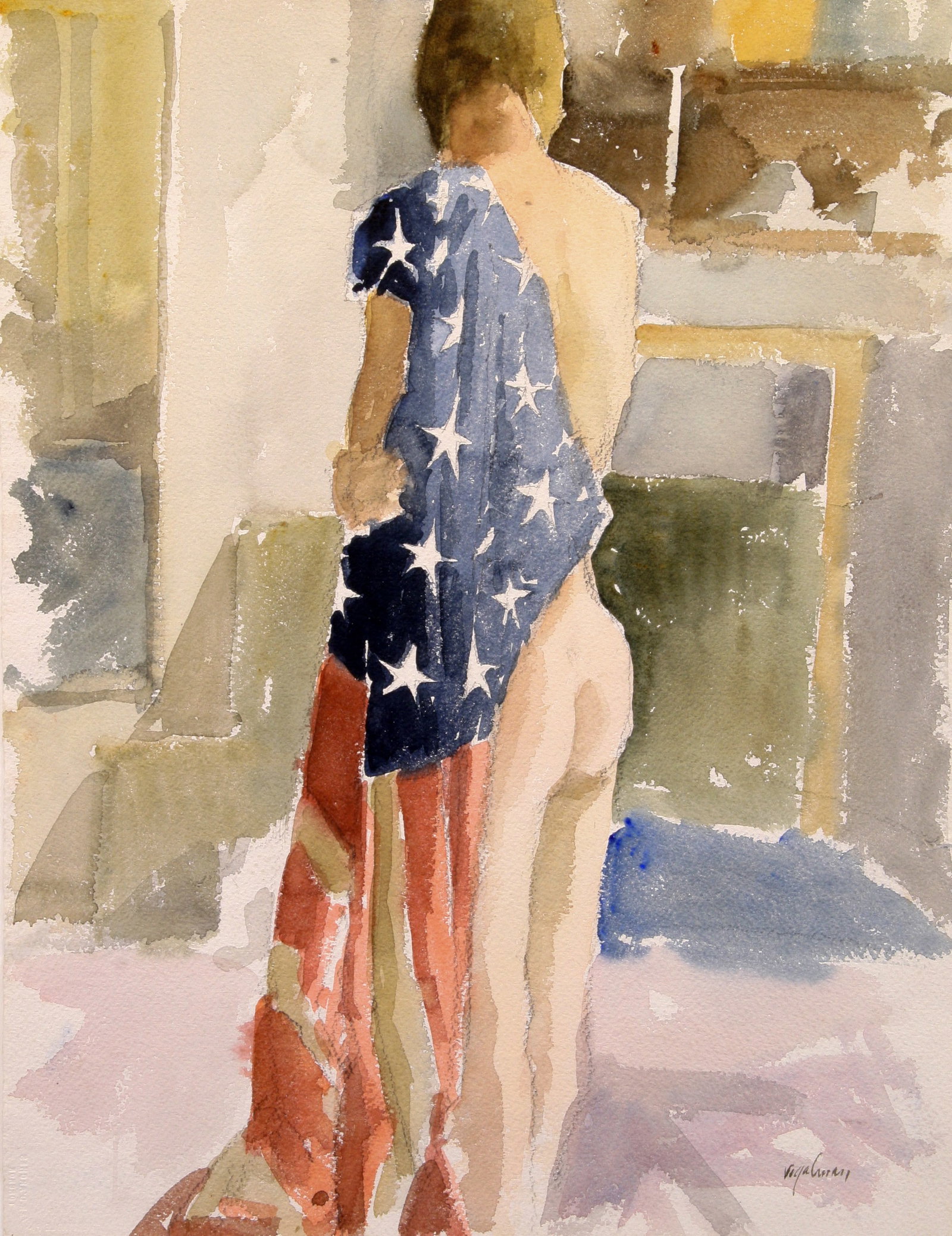Richard Segalman (American, 1934 - 2021): "Nude with American Flag"; c. 2000; Watercolor on Paper; 19.5" x 15"; Signed Lower Right; Framed (under glass).