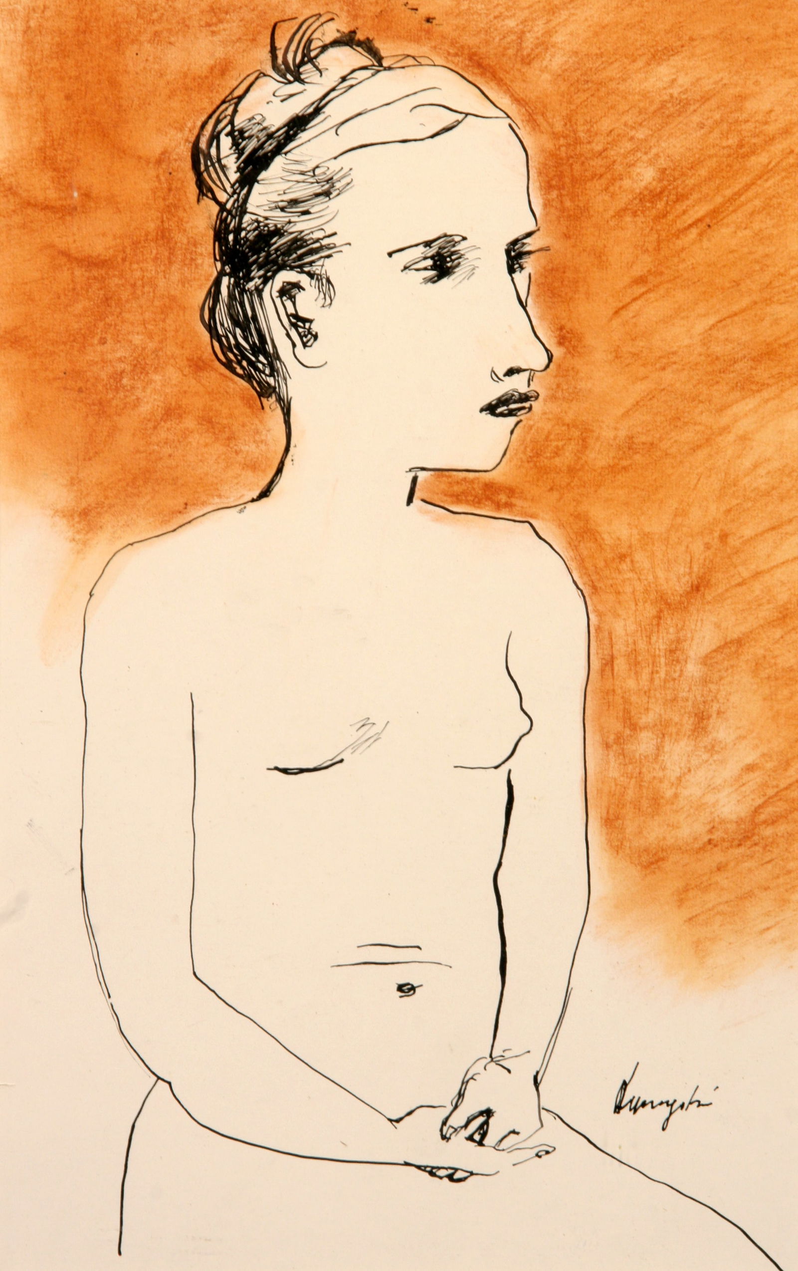 Yasuo Kuniyoshi (Japanese - American, 1889 - 1953): "Nude"; n.d.; Ink and Watercolor on Paper; 10.5" x 6.5"; Signed Lower Right; Framed (under glass).