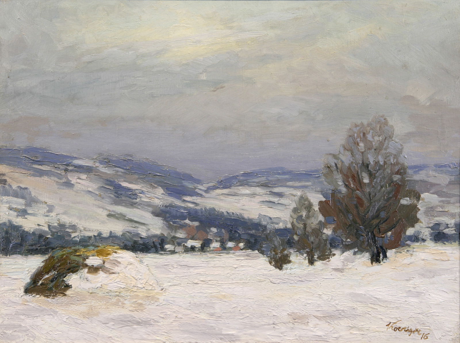 Walter Koeniger (German-American, 1881 - 1943): "Winter Landscape"; 1916; Oil on Board; 12" x 16"; Signed Lower Right; Framed.