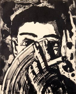Aaron Fink (American, b. 1955): "Smoker with Fan Hand" - Edition 8/25"; 1982; Lithograph; 25" x 19"; Signed Lower Right; Framed (under plexi glass); Note: "Obelisk Gallery - Boston, MA" label on verso.