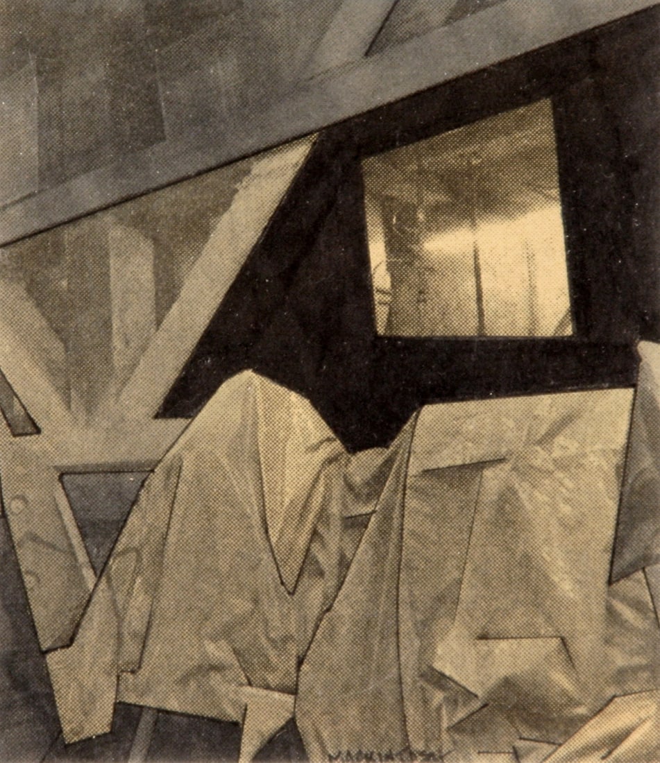 Sandra Mackintosh: "Water Pipe at Base of World Trade"; n.d.; Ink on Newsprint; 4" x 3.75"; Signed Lower Center; Framed (under glass); Note: "Elena Zang - Shady, NY" label on verso.