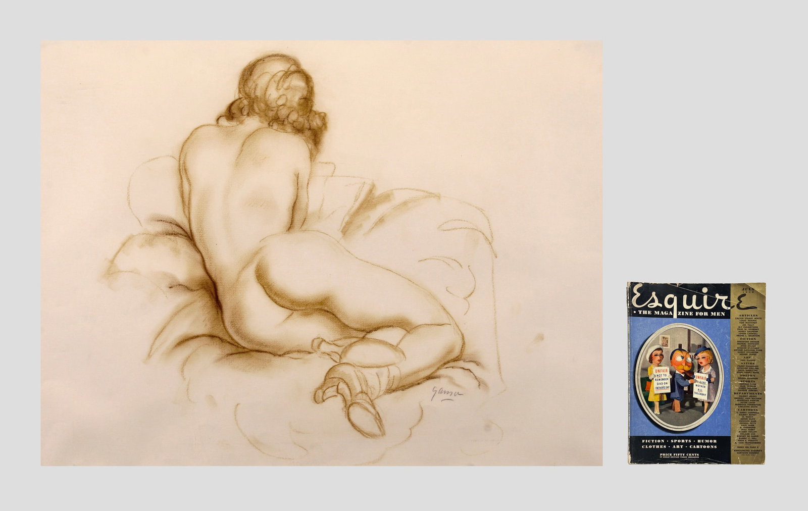Emil Ganso (German-American, 1895 - 1941): "Nude"; c. 1938; Conte Crayon on Paper; 14.5" x 18.75"; Signed Lower Right; Framed (under glass); Note: Drawing was featured in "Esquire: The Magazine for Men" July 1938 edition on page 58. Magazine i