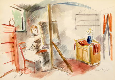Bernard Karfiol (American, 1886 - 1952): "Artist at Her Easel"; n.d.; Ink and Watercolor on Paper; 11.5" x 16.25"; Signed Lower Right; Framed (under glass).