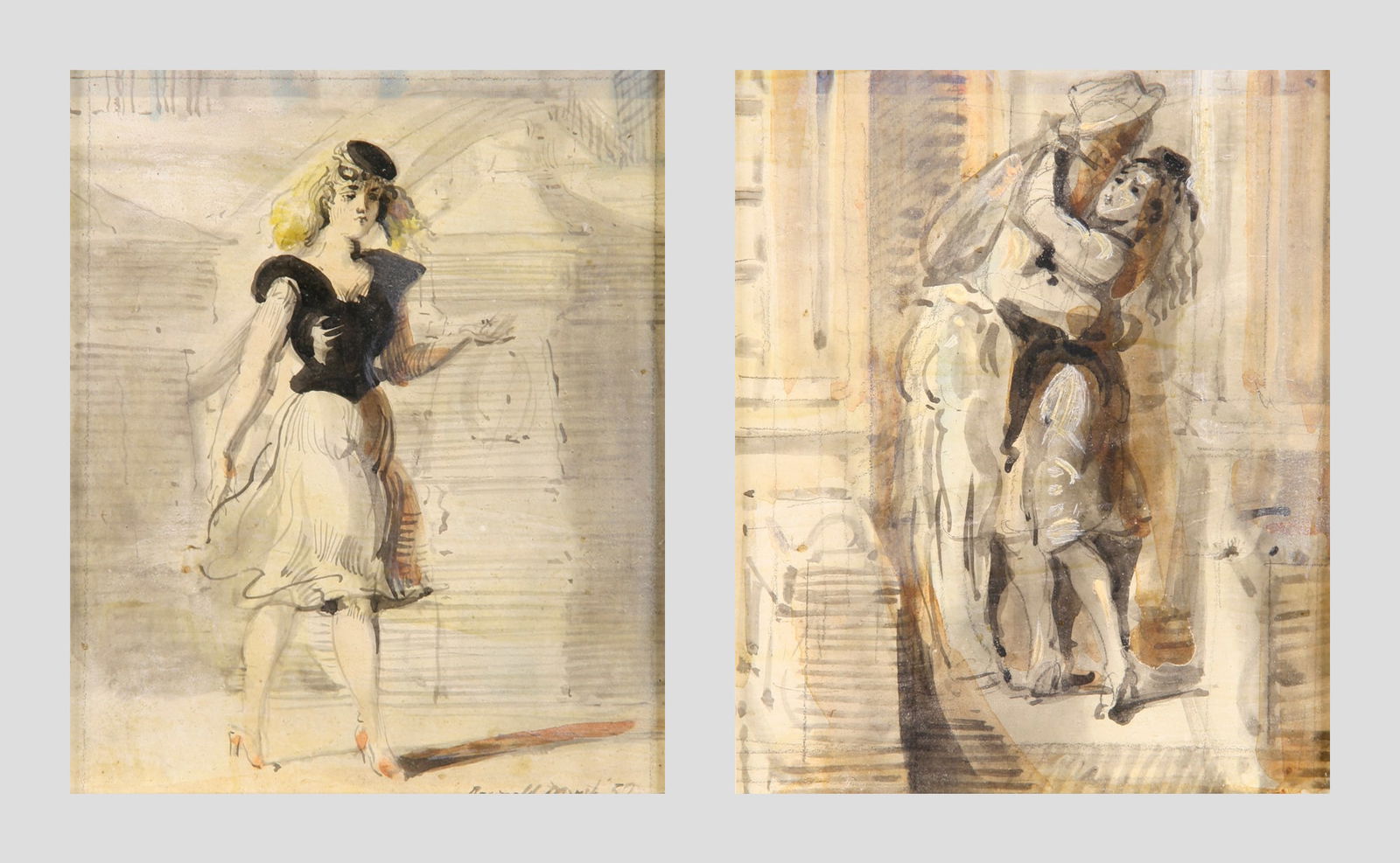 Reginald Marsh (American, 1898 - 1954): LOT OF TWO: A. "Woman Walking"; 1952; Tempera on Board; 4.75" x 3.75"; Signed Lower Right; Framed / B. "The Lovers"; c. 1950; Tempera on Board; 4.75" x 3.75"; Unsigned; Framed.