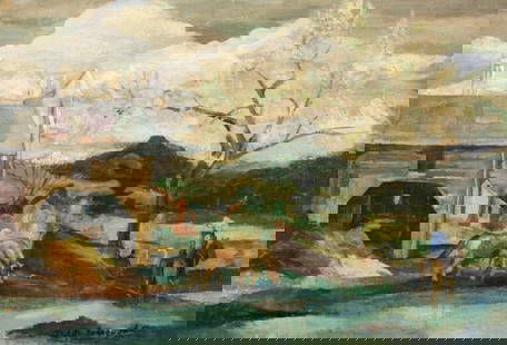 Philip Evergood (American, 1901 - 1973): "Farm Landscape"; c. 1930s; Oil on Canvas; 14" x 20"; Signed Lower Right; Framed; Note: Handwritten label on verso - "Helen Girardia Ever Good".
