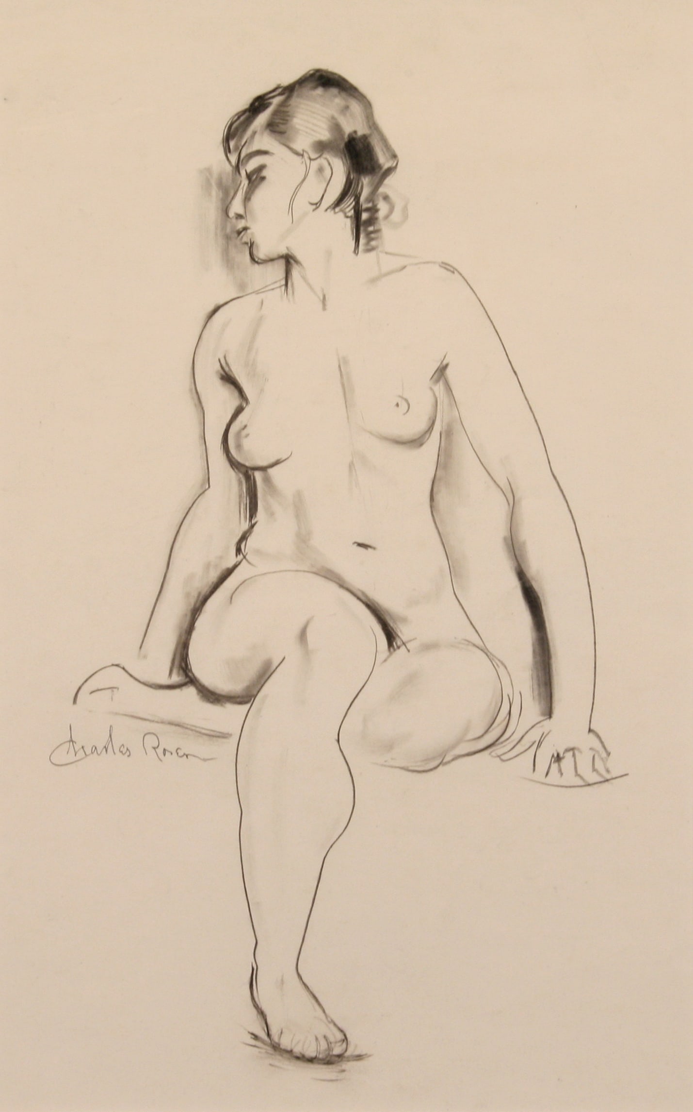Charles Rosen (American, 1878 - 1950): "Seated Nude"; c. 1925; Charcoal on Paper; 13.5" x 8.5"; Signed Lower Left; Framed (under glass); Note: Exhibition history on verso.