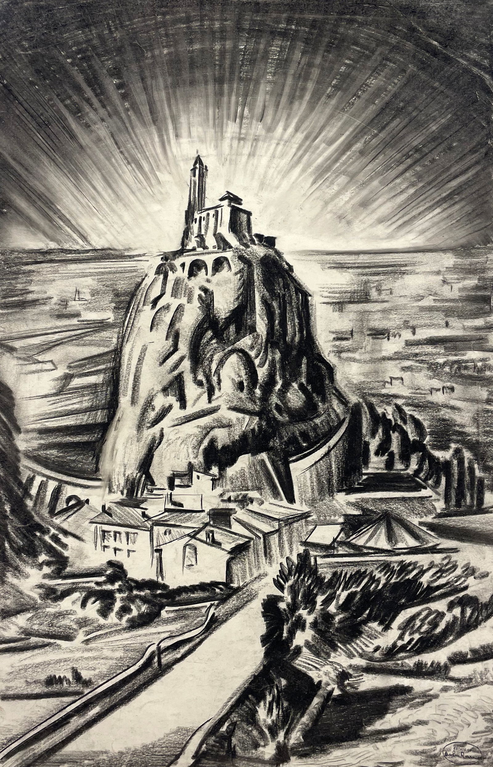Charles Rosen (American, 1878 - 1950): "Rock and Chapel of Saint-Michel d'Aiguilhe"; n.d.; Charcoal on Paper; 18" x 11.5"; Estate Stamp Lower Right; Unframed.