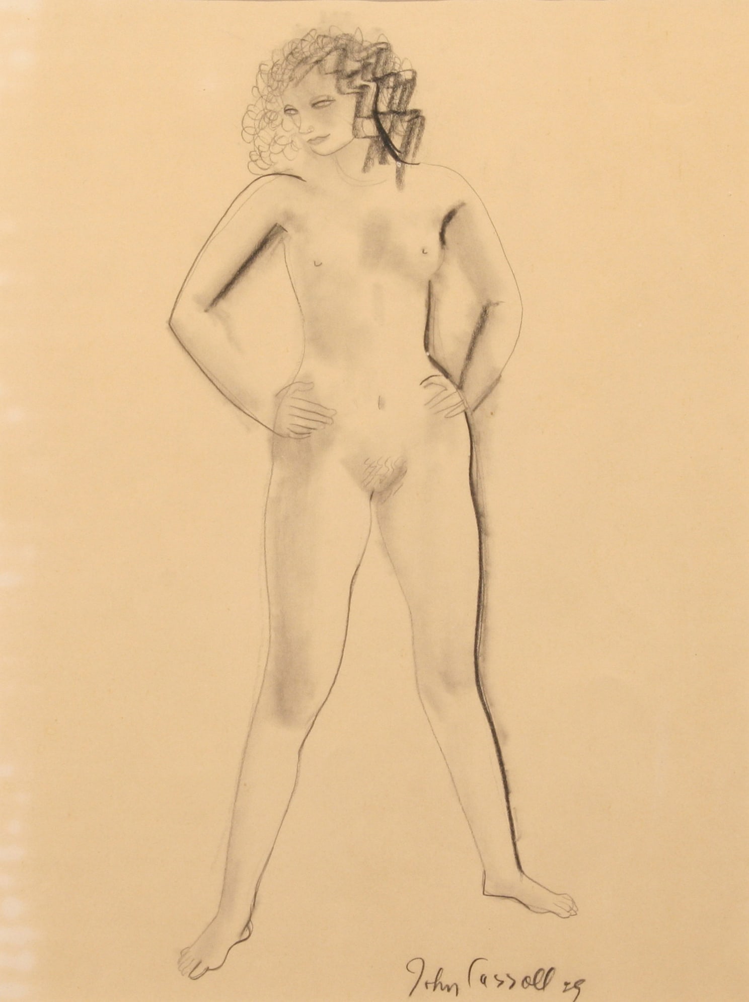 John Wesley Carroll (American, 1891 - 1959): "Nude"; 1929; Black Crayon on Wove Paper; 12.25" x 9.25"; Signed Lower Right; Framed (under glass); Note: "The Butler Insitute of American Art - Youngstown 2, Ohio", "Dayton's Gallery 12 - Minneapolis