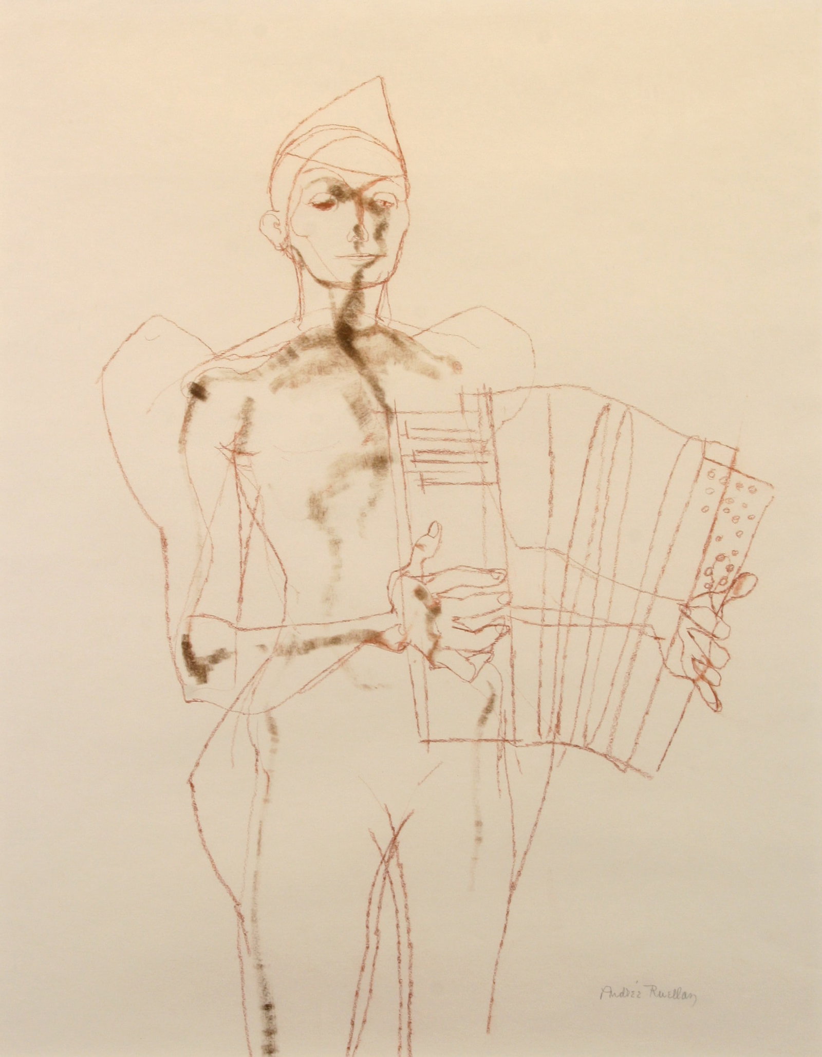 Andrée Ruellan (American, 1905 - 2006): "Accordionist"; n.d.; Sanguine on Paper; 23" x 17.75"; Signed Lower Right; Framed (under glass).