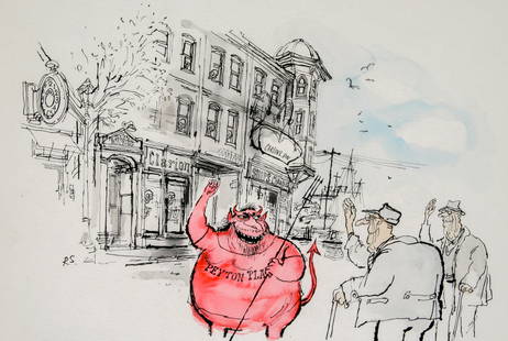 Ronald Searle (English, 1920 - 2011): "Peyton Place"; 1967; Ink and Watercolor on Illustration Board; 15" x 20" (board); Initialed "R.S." Lower Left; Unframed.