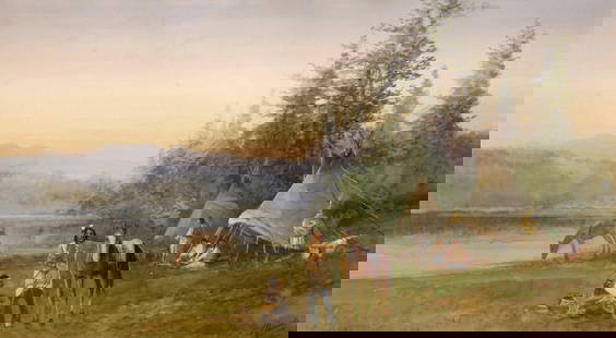 Victor Casenelli (American, 1868 - 1961): "Native American Campsite"; n.d.; Watercolor on Paper; 9.5" x 17.25"; Signed Lower Right; Framed (under glass); Note: "Cincinnati Art Galleries" label on verso.