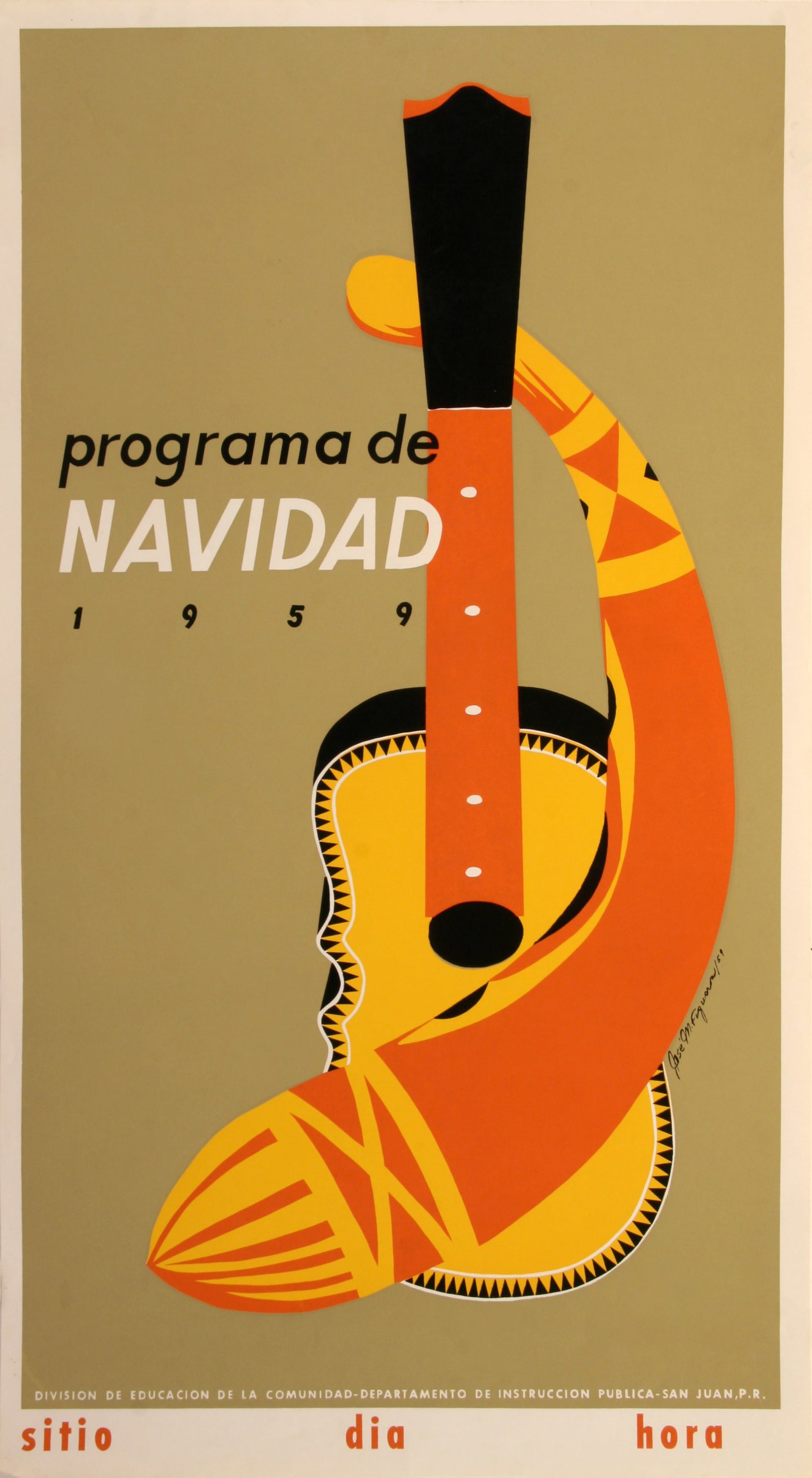 José Manuel Figueroa (Puerto Rican, 1928 - 1964): "Programa de Navidad"; 1959; Silkscreen; 28.5" x 15.75" (sheet); Signed in Screen; Unframed.