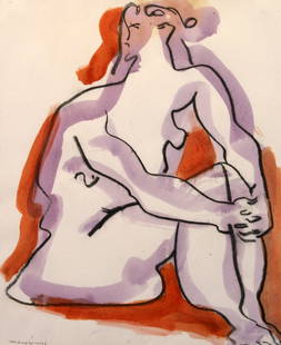 Nicholas Marsicano (American, 1908 - 1991): "Lavender Lady"; n.d.; Charcoal and Acrylic on Paper; 17" x 13.75"; Signed Lower Left; Framed (under glass); Note: label on verso.