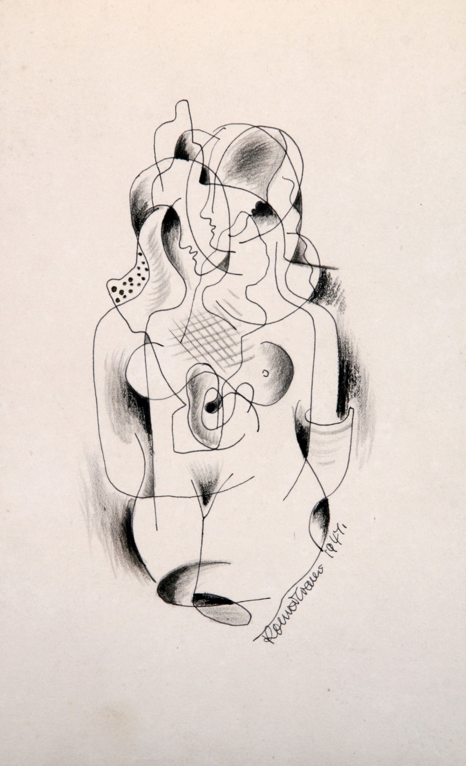 Konrad Cramer (German - American, 1888 - 1963): "Abstract Nude"; 1947; Ink and Charcoal on Paper; 9.5" x 5.75"; Signed Lower Right; Unframed.
