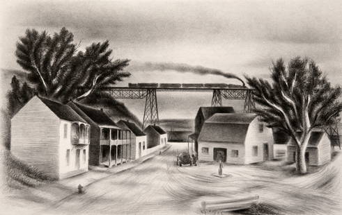 Albert Heckman (American, 1893 - 1971): "Cross Roads (Kingston, NY)"; 1939; Lithograph; 10.5" x 16.5"; Signed Lower Right; Unframed; Note: Inscribed lower right "For Harold, from Al Heckman". "Covington Fine Arts Gallery, Inc" label on vers