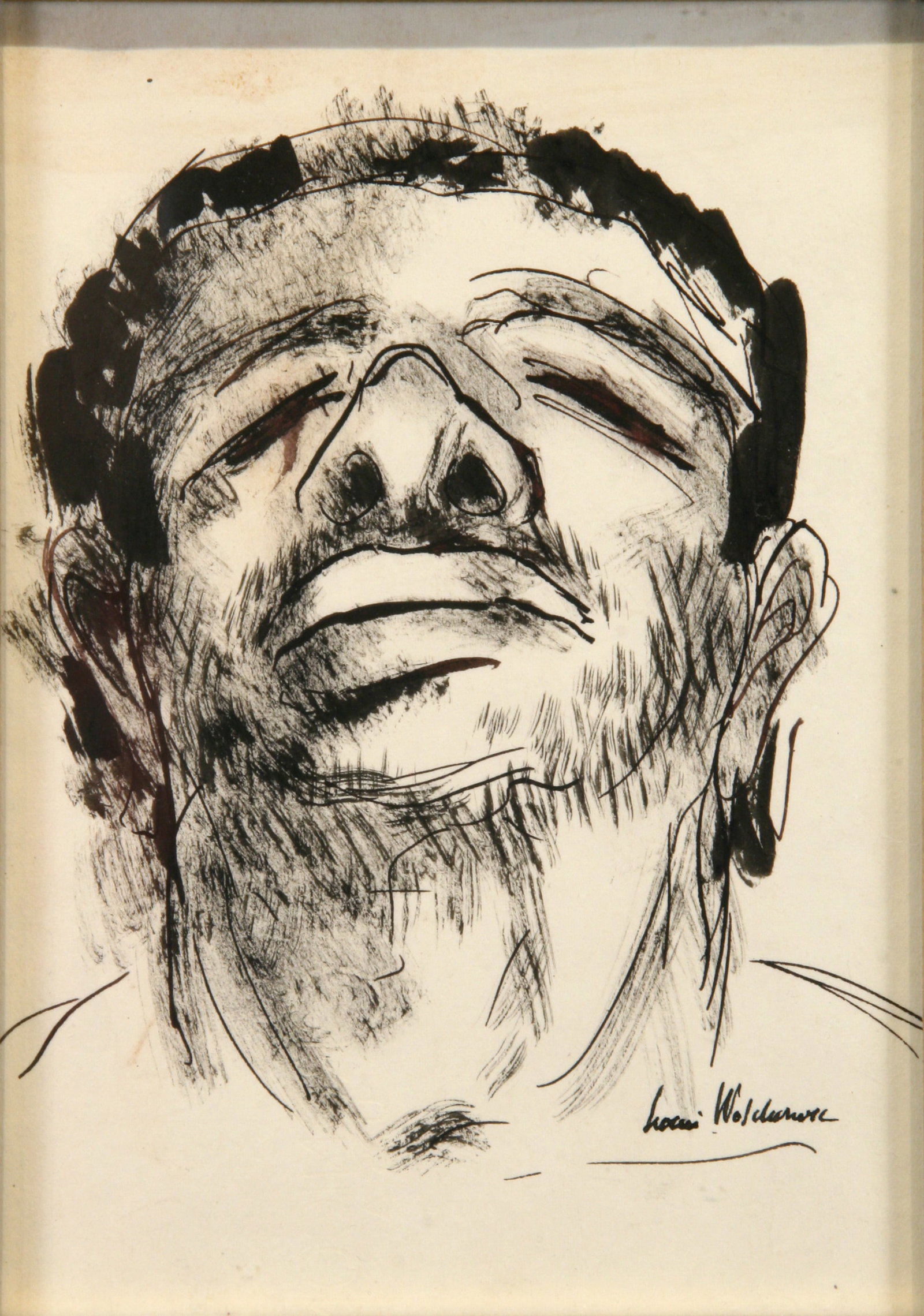 Louis Wolchonok (American, 1898 - 1973): "Portrait of a Man"; c. 1945; Ink on Paper; 7" x 5"; Signed Lower Right; Framed (under glass).