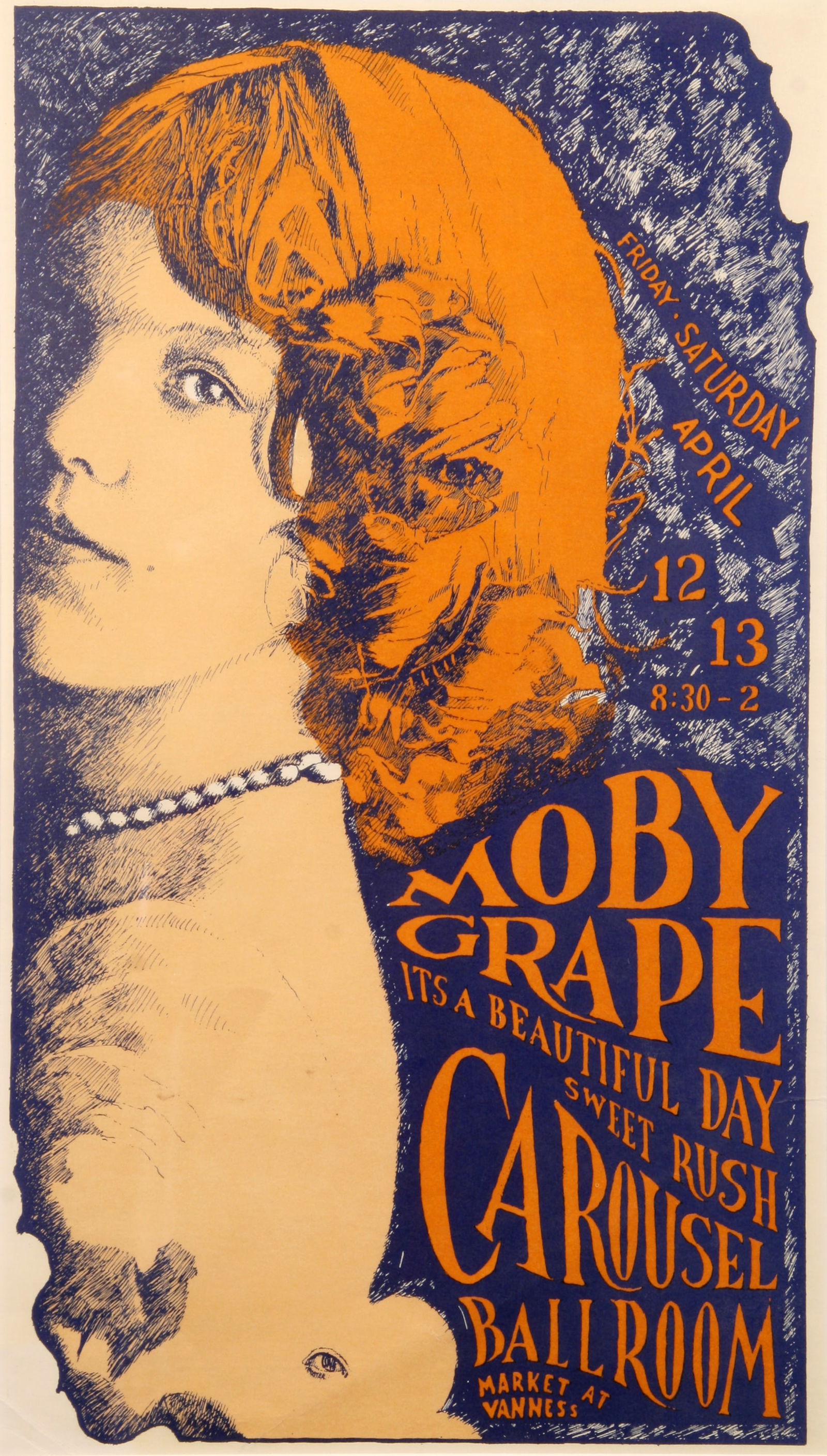 Vintage 1968 Moby Grape - Carousel Ballroom Poster: "Moby Grape, It's A Beautiful Day and Sweet Rush at the Carousel Ballroom, San Francisco, CA"; 1968; Lithograph; 13.25" x 7.25"; Unsigned; Framed (under glass); Artist: L. Kent Hollister (American, 19