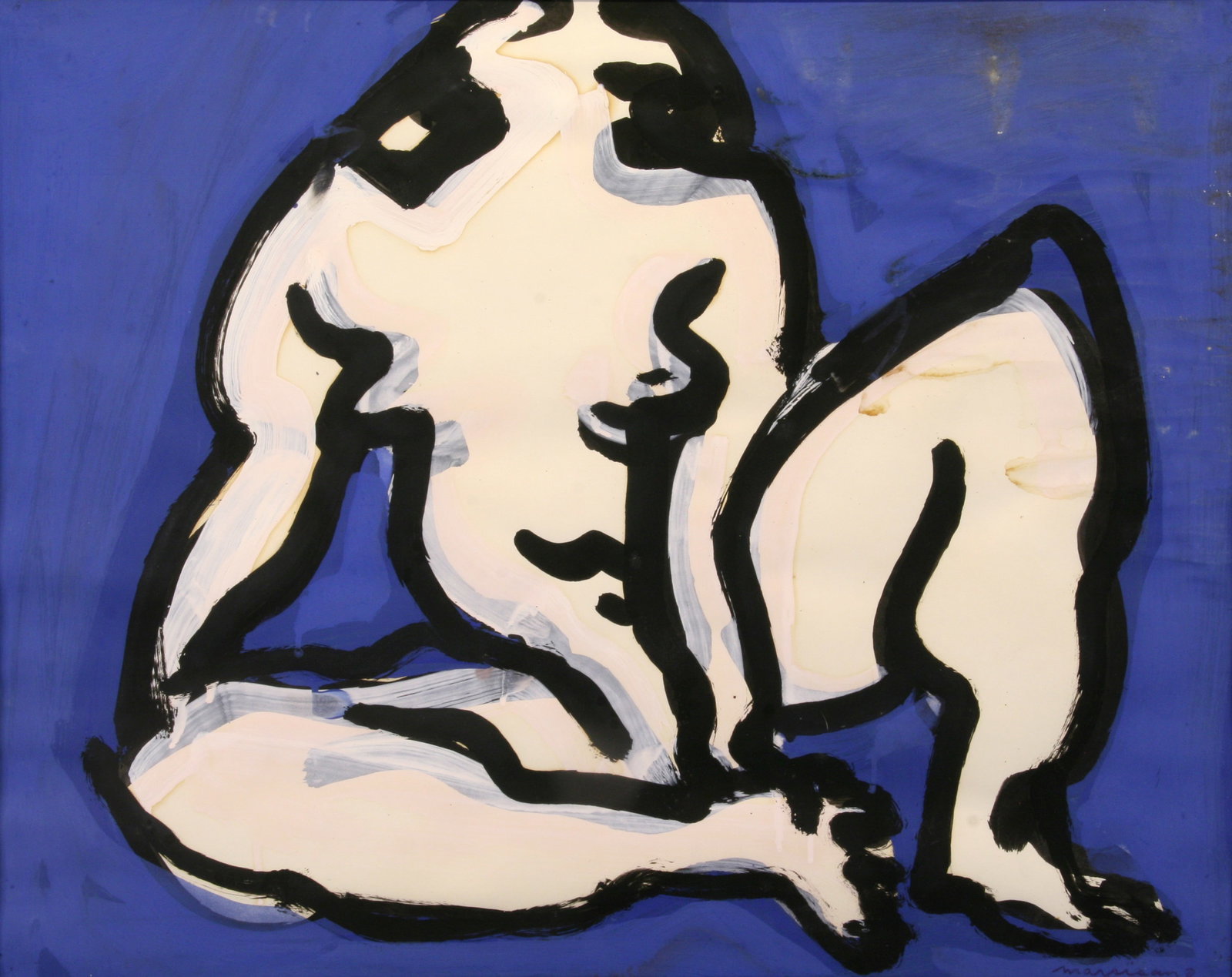Nicholas Marsicano (American, 1908 - 1991): "Nude on Blue"; n.d.; Acrylic on Paper; 19" x 24"; Signed Lower Right; Framed (under glass).