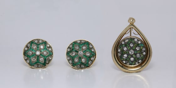Antique Art Deco 14k Yellow Gold Emerald & Diamond Earrings and Brooch/Slide Pendant.