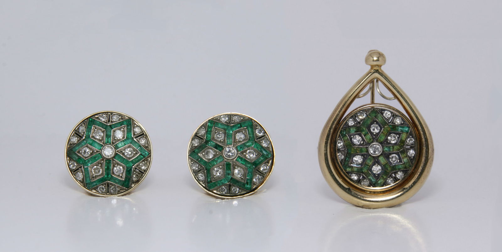 Antique Art Deco 14k Yellow Gold Emerald & Diamond Earrings and Brooch/Slide Pendant. (1 of 12)