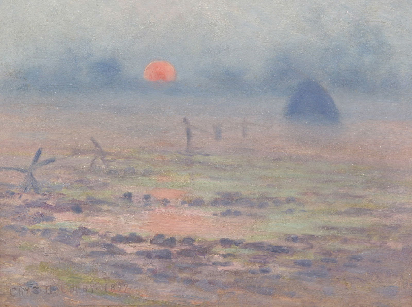 Charles D. Colby (American, 1865 - 1941): "Farm at Sunset"; 1897; Oil on Board; 8.75" x 11.75"; Signed Lower Left; Framed.