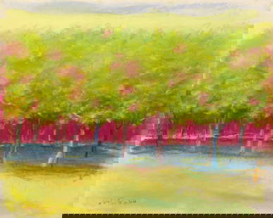 Wolf Kahn (German - American, 1927 - 2020): "Yellow & Pink Tree Line"; n.d.; Pastel on Paper; 14" x 17.75"; Signed Lower Left; Framed (under glass).