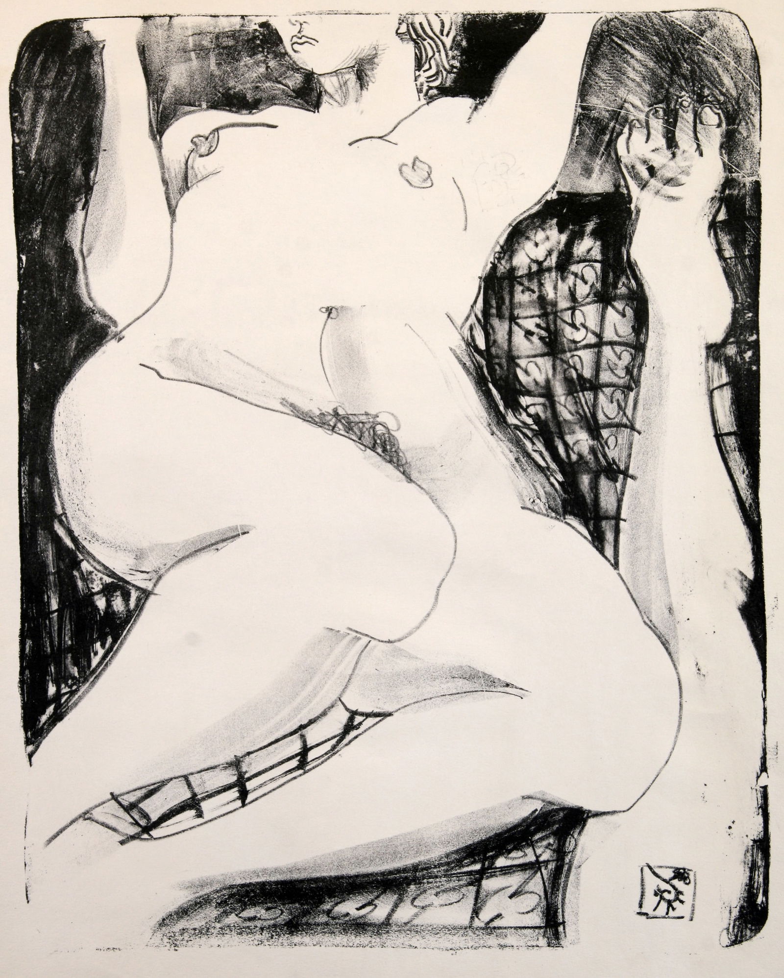 Unknown Artist: "Nude in Bed"; n.d.; Lithograph; 15" x 12"; Artist Monogram Lower Right (?); Unframed.