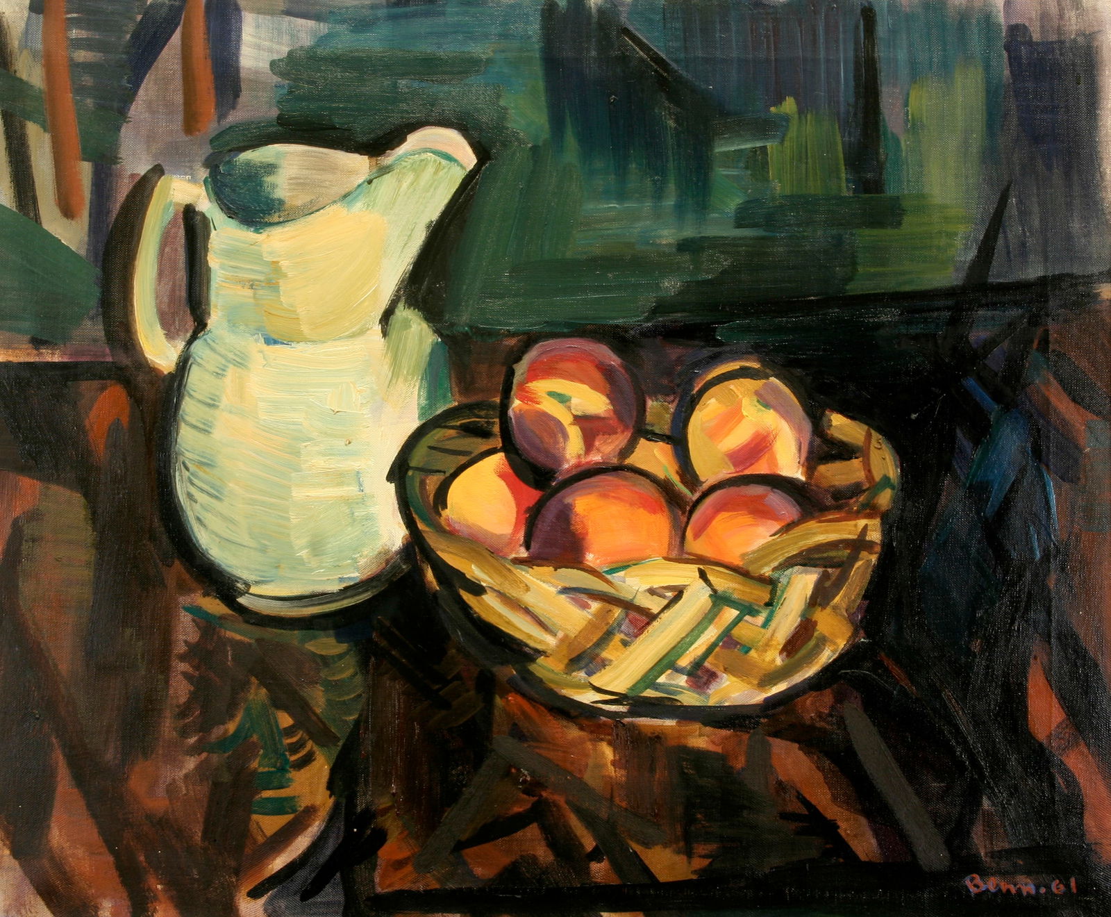 Ben Benn (American, 1884 - 1983): "Still Life with Pitcher and Fruit"; 1961; Oil on Canvas; 19.75" x 23.75"; Signed "Benn" Lower Right; Framed.
