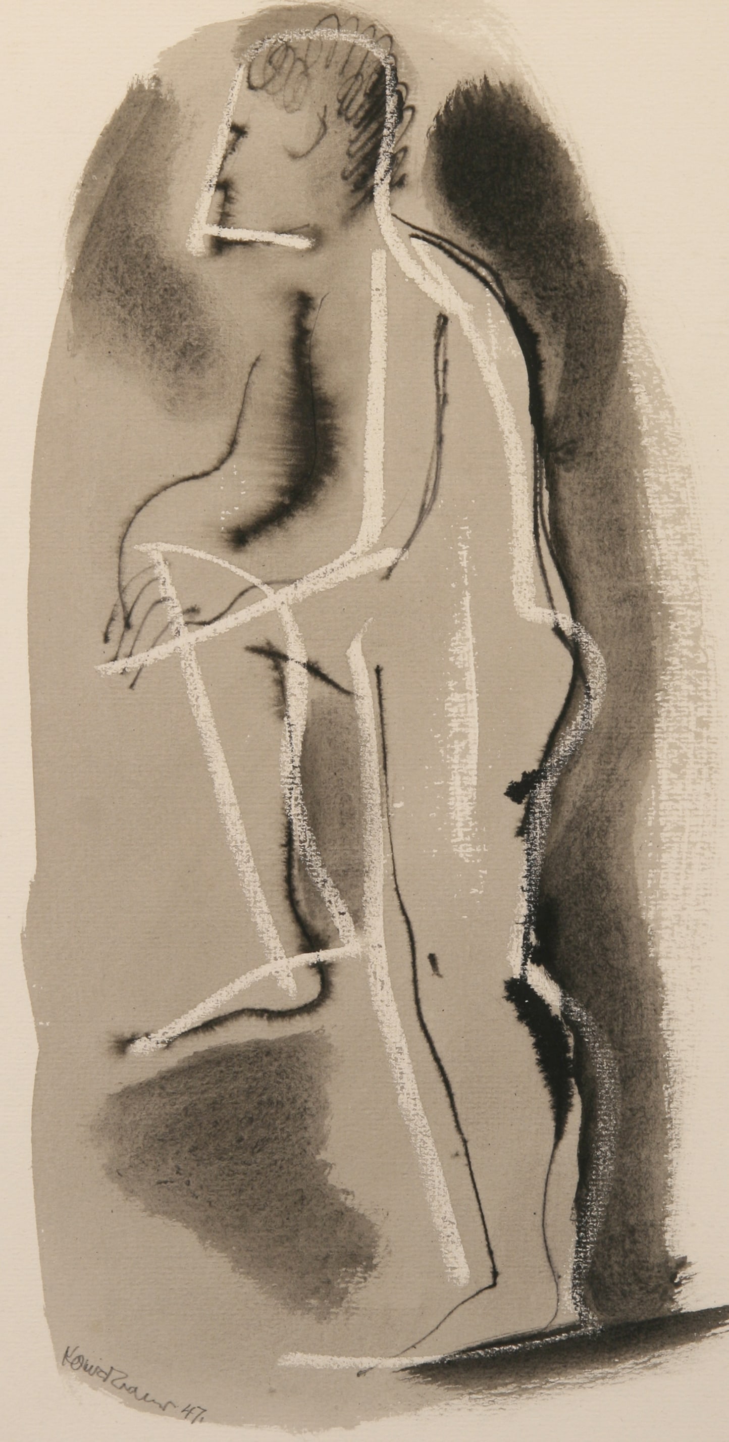 Konrad Cramer (German - American, 1888 - 1963): "Standing Man"; 1947; Mixed Media on Paper; 12.5" x 6.25"; Signed "Konrad Cramer" Lower Left; Framed (under glass).