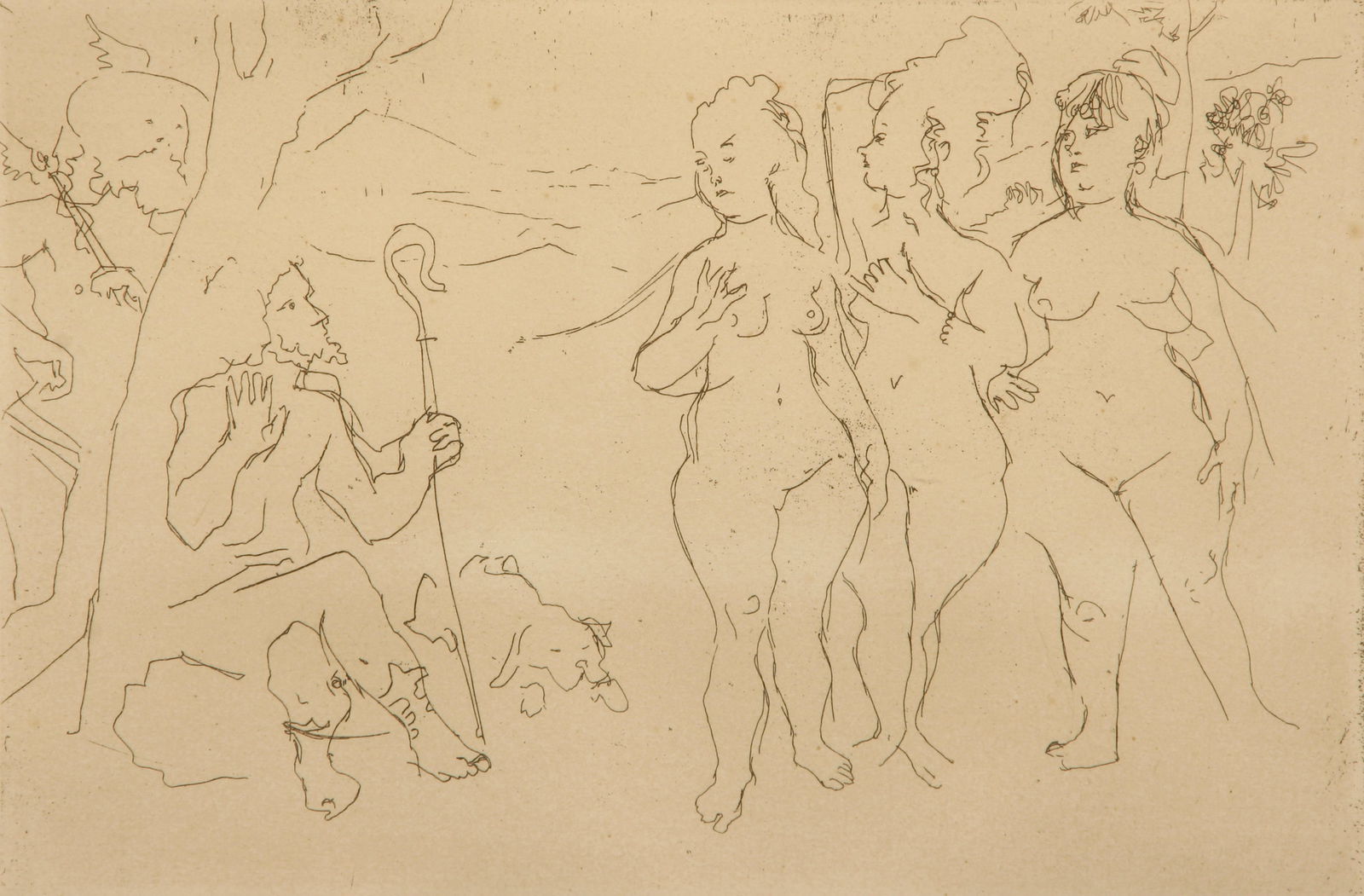 Jack Levine (American, 1915 - 2010): "Judgement of Paris" - Edition 138/250; 1964; Etching; 5.75" x 8.75"; Signed "J. Levine" Lower Right; Framed (under glass).