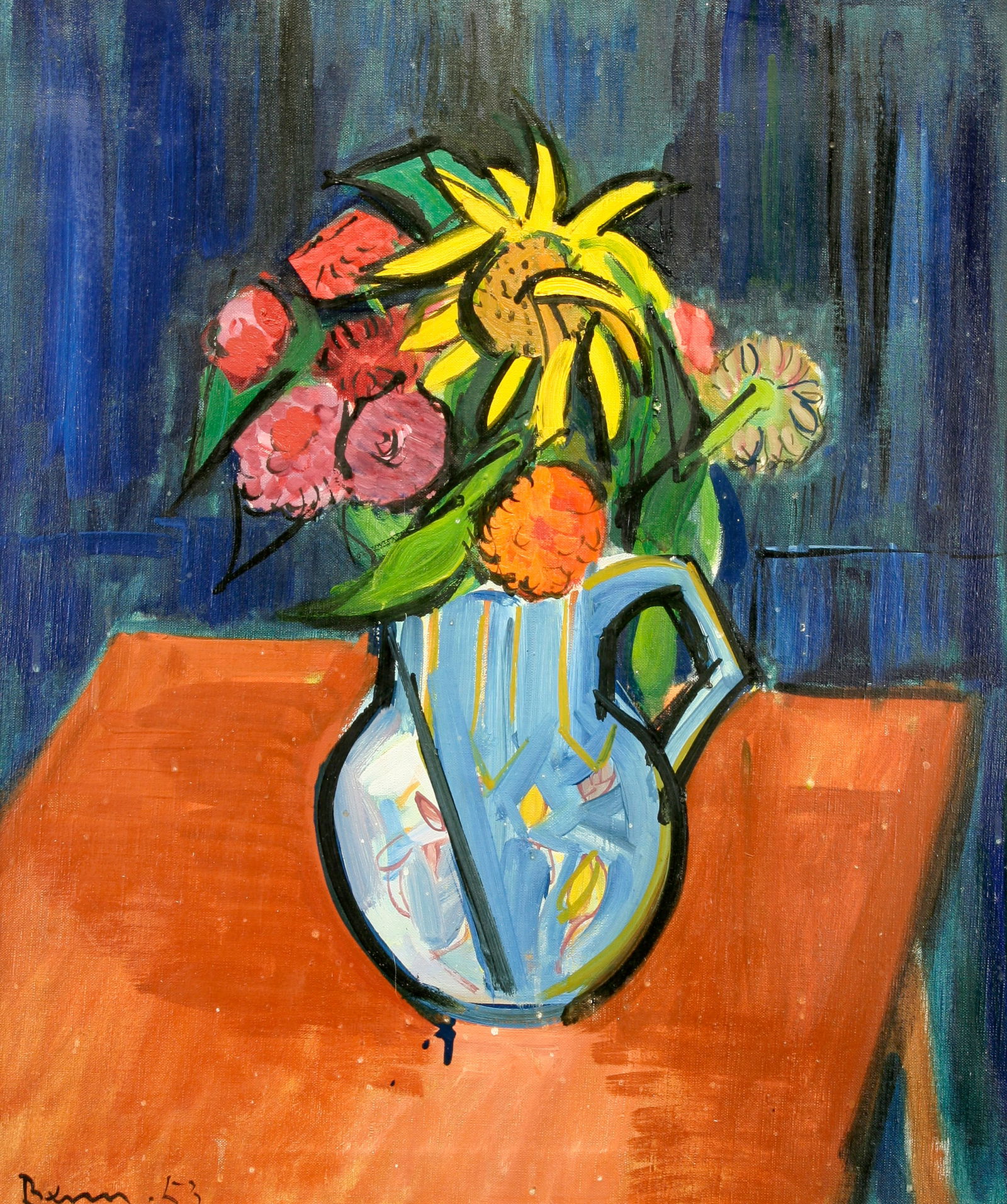 Ben Benn (American, 1884 - 1983): "Floral Still Life with Blue Vase"; 1953; Oil on Canvas; 23" x 19"; Signed "Benn" Lower Left; Framed.