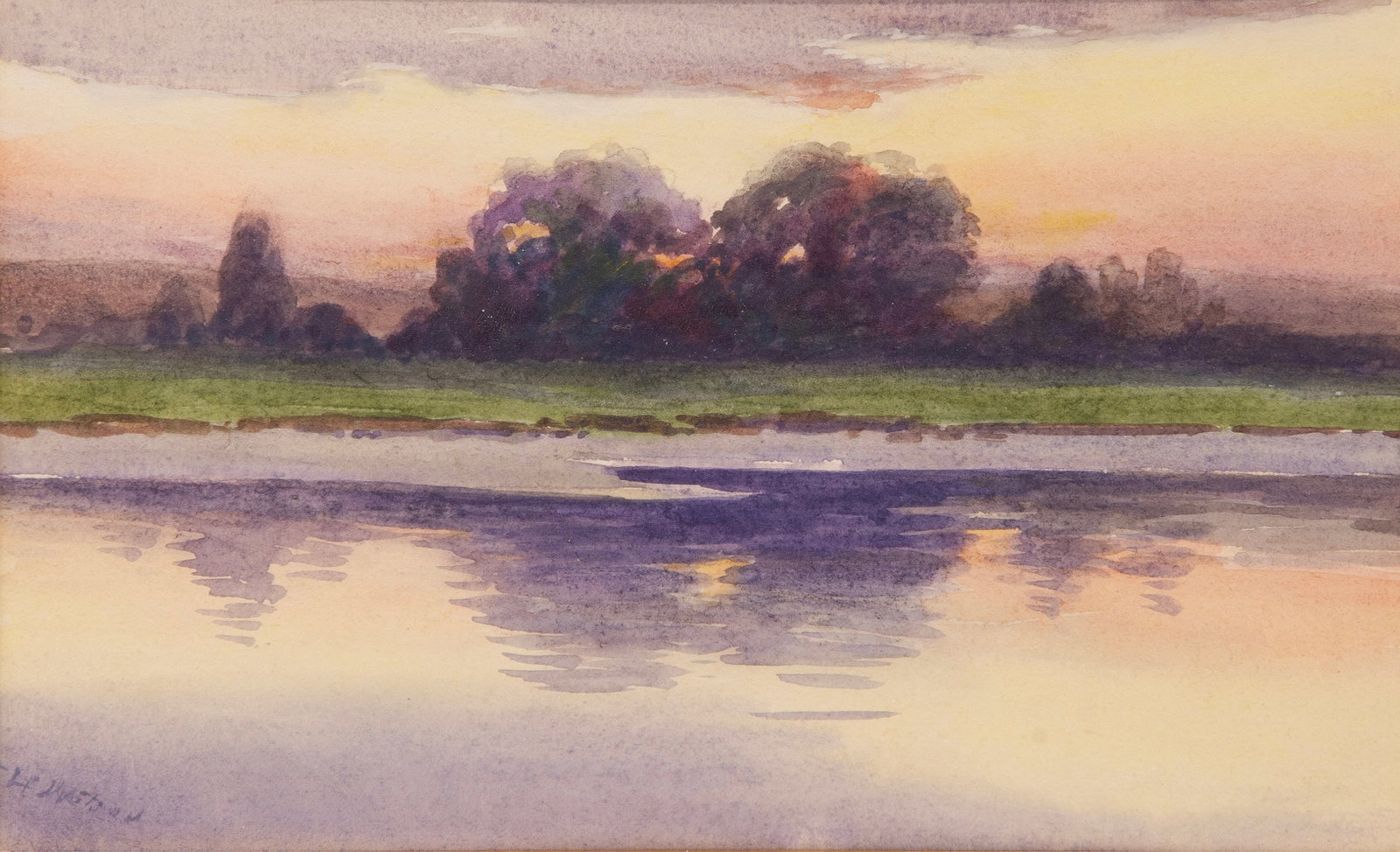 Elizabeth Watson (American, 1863 - 1949): "Pond at Sunset"; n.d.; Watercolor on Paper; 6" x 9.5"; Signed "E. H. Watson" Lower Left; Framed (under glass).