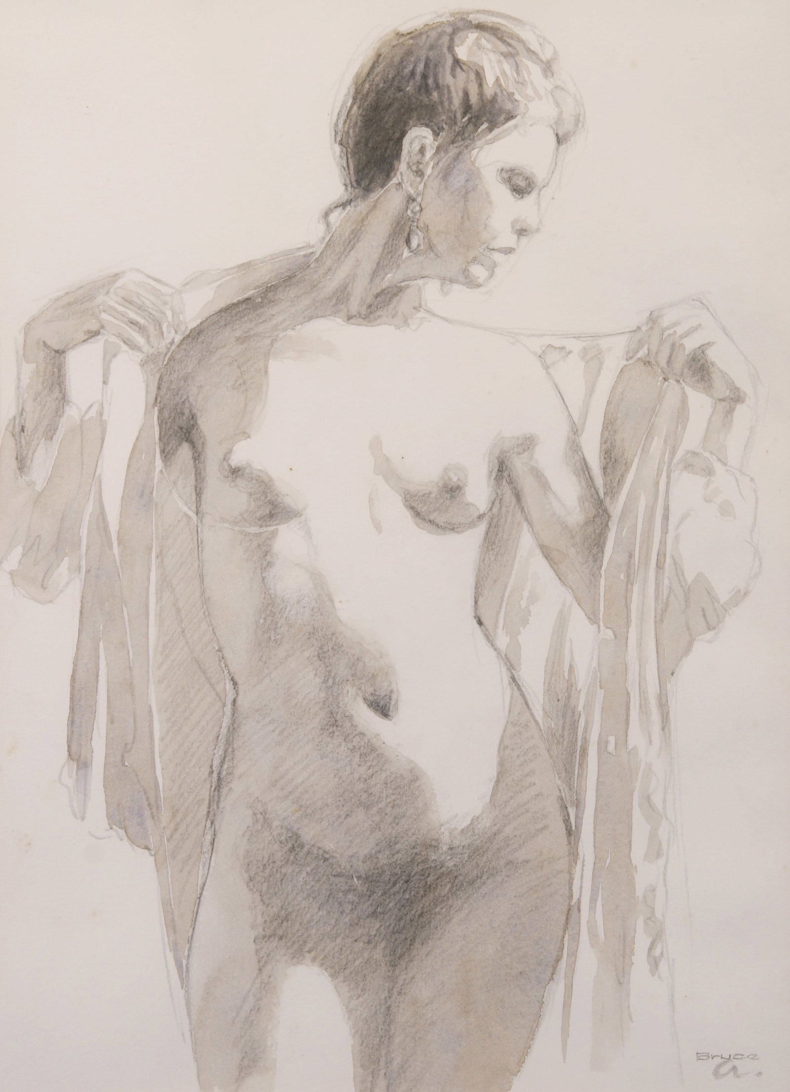 Bruce Ackerman (American, 1935 - 2025): "Nude in the Sun"; n.d.; Watercolor and Graphite on Paper; 14.5" x 10.75"; Signed "Bruce A." Lower Right; Framed (under glass); Note: Label on verso.
