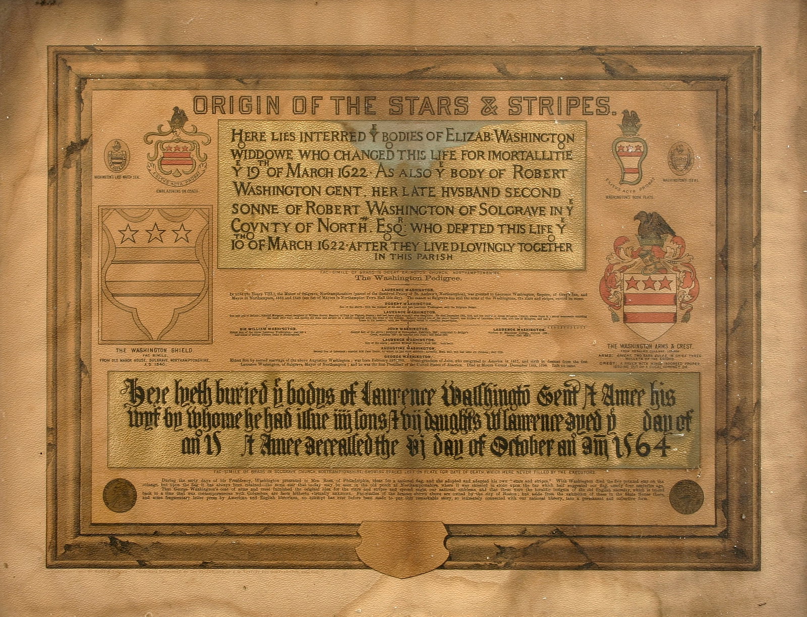 Root & Tinker (American, Act. c. 1870 - 1890): "Origin of the Stars and Stripes"; 1883; Chromolithograph; 18" x 24"; Unsigned; Framed (under glass); Note (s): Published by Buek & Linder, New York. Shows the history of the George Washington insigni